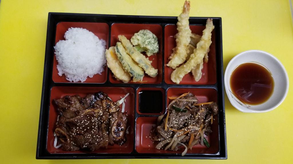 Nagoya Bento · Bulgogi galbi, shrimp tempura, veggie tempura.