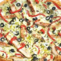 Chicken Pesto - Large · A pesto sauce base layered with grilled chicken, roasted red peppers, black olives and toppe...