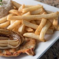 Grilled Chicken Breast · With caramelized onions, french fries or salad, rice and beans.
