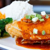 Tilapia Fish · Pan sear with tilapia served with mix vegetables in a sweet chili sauce. Come with rice.