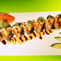 Scorpion Roll · Spicy tuna and cucumber inside. Topped with deep-fried snapper, scallions, eel sauce, spicy ...