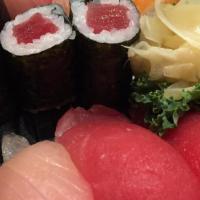 Tri Colored Sushi · 3 pcs salmon nigiri, 3 pcs tuna nigiri, 2 pcs yellowtail nigiri & 6 pcs California