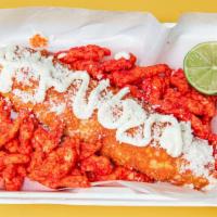 Elote Hot Cheetos   (Fire Cob) · Comes with spicy cheetos   powder on top ,mayonaise,cotija cheese,lime and fieras or cheetos...