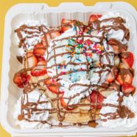 2 Belgium Waffles With  Ice Cream · Order of 2 belgium waffles ,with bananas,strawberries,topped with nutella,whipped cream and ...