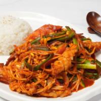 Squid Bokkeum · Spicy stir-fried squid, bean sprouts and veggies, served with rice.