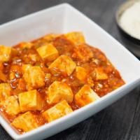 Mapa Tofu Rice · Stir-fried tofu, veggie and chili sauce, served with rice.