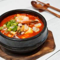 Veggie Soft Tofu Soup · Spicy soft tofu soup, served with rice.