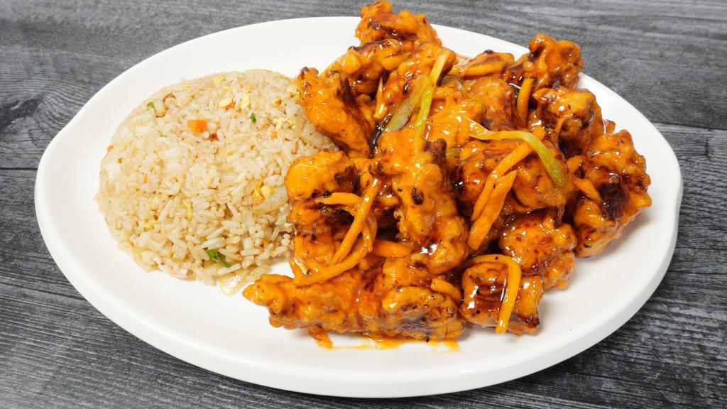 Orange Chicken · Crispy chicken in a sweet and tangy orange sauce. Serve with choice of white rice or fried rice