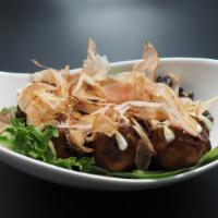 Takoyaki · 6 pcs or Japanese fried octopus ball w. takoyaki sauce, Japanese mayo & bonito flakes.