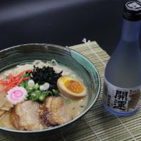 Tonkotsu Ramen · Pork broth with sea salt flavor, straight noodle, bamboo, wakame seaweed, scallion, ginger p...