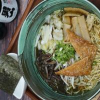 Miso Veggie Ramen · Vegetarian mushroom kambu soup, wavy noodle, bean sprout, bamboo, mushroom kombu soup, wavy ...