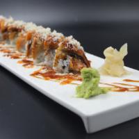 Fancy Dragon Roll · Shrimp tempura, topped with smoked salmon and eel with spicy mayo and eel sauce.