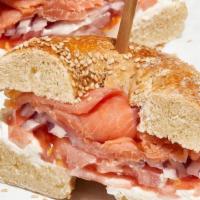 Nova Classic Sandwich · Your Choice of Bagel, Smoked Nova Salmon, Plain Cream Cheese, Sliced Tomatoes, Sliced Onions