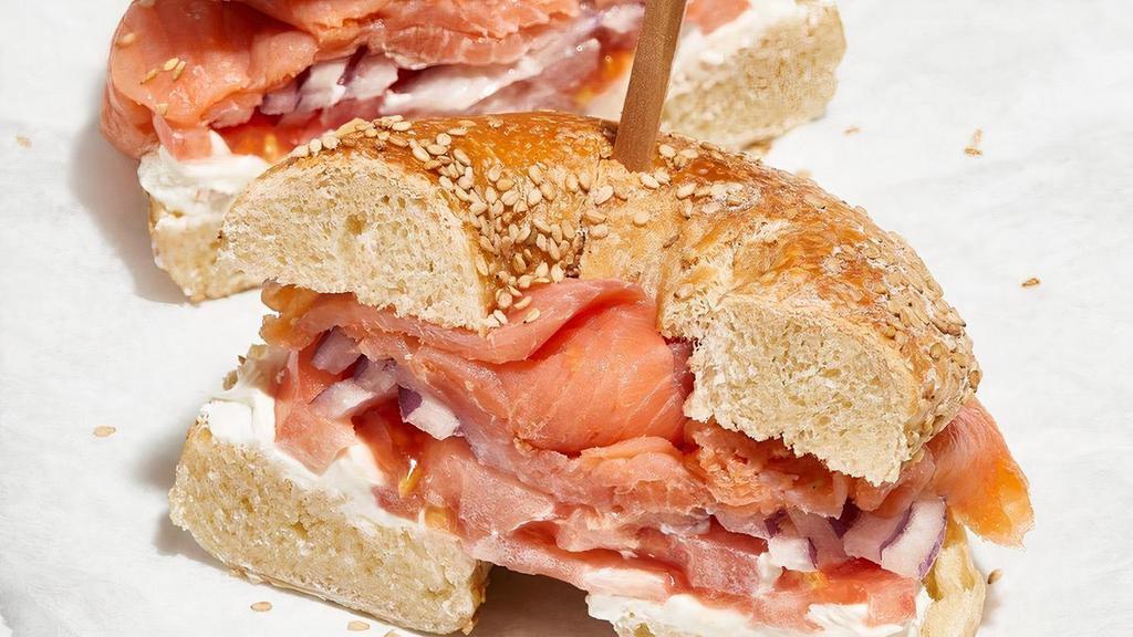 Nova Classic Sandwich · Your Choice of Bagel, Smoked Nova Salmon, Plain Cream Cheese, Sliced Tomatoes, Sliced Onions