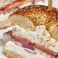 Whitefish Classic Sandwich · Your Choice of Bagel, Smoked Whitefish Salad, Plain Cream Cheese, Sliced Tomatoes, Sliced On...