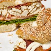 Chicken Blt Sandwich · Your Choice of Bagel. Roasted Chicken, Lettuce, Tomato, Smoked Bacon, Garlic Mayo