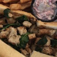 Chicken Florentine · Grilled chicken breast chopped with sautéed onions, and spinach topped with sharp provolone ...