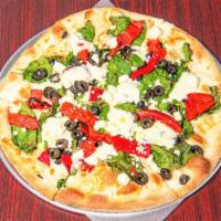Greek Style Pizza (Small) · Feta cheese, olives, spinach, roasted peppers, fresh mozzarella.