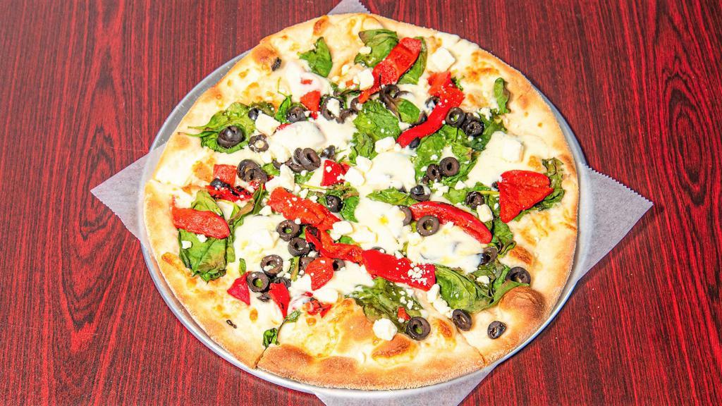 Greek Style Pizza (Large) · Feta cheese, olives, spinach, roasted peppers, fresh mozzarella.