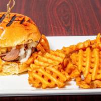 Hawaiian Burger · Grilled pineapple, grilled onions, mozzarella cheese, house dressing.