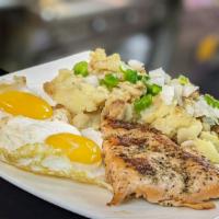 Grilled Salmon Steak Platter · Options with egg, home fries or grits and toast.