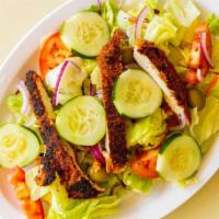 Blackened Chicken Salad (Large)
 · Fresh bed of lettuce, cucumbers, onions, Kalamata olives, carrots, and tomatoes.