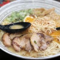 Akamaru Modern Ramen · Spicy. Shio. Three pieces charsiu, whole egg, bamboo, wood ear mushroom, scallion, mayo sauc...