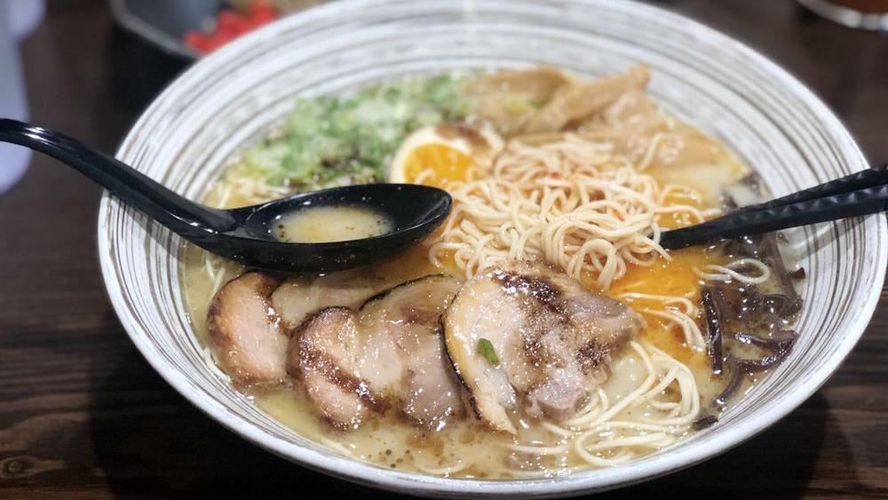 Akamaru Modern Ramen · Spicy. Shio. Three pieces charsiu, whole egg, bamboo, wood ear mushroom, scallion, mayo sauce and special hot sauce.