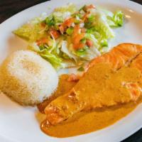 Grilled Salmon Plate · Oven-baked salmon. Served with rice and salad.