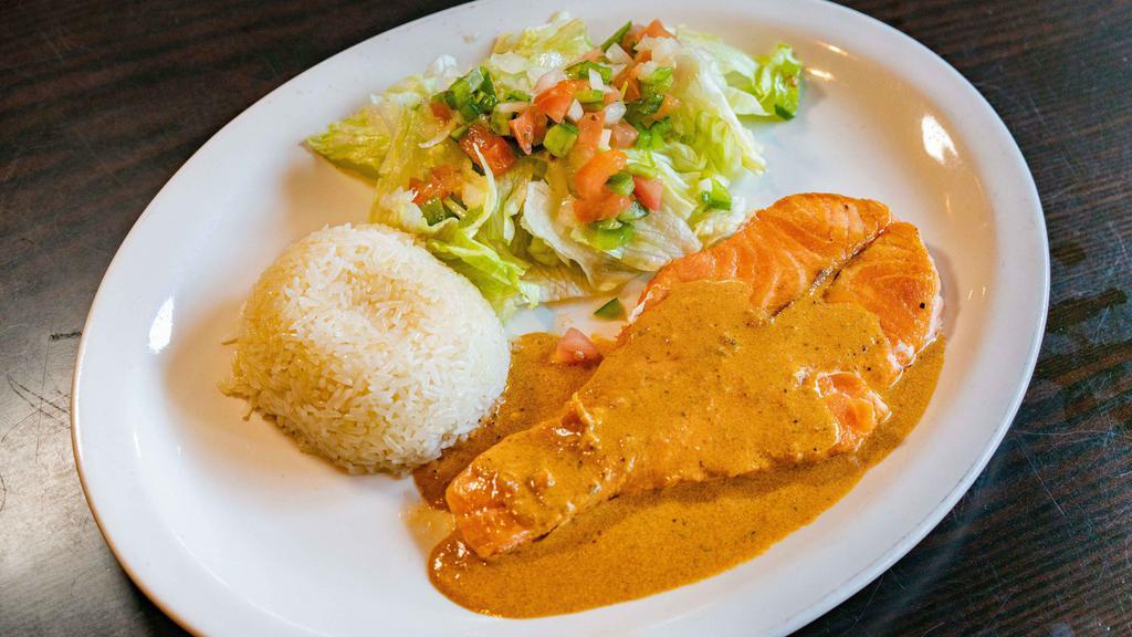 Grilled Salmon Plate · Oven-baked salmon. Served with rice and salad.
