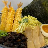 Zuru Shoyu Ramen · Zuru’s 18-hour tonkotsu broth flavored with shoyu soy sauce. Thick wavy noodle, Shrimp tempu...