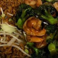 Combo Jumbo Shrimp With Broccoli (芥蓝虾) (康宝盘) · Each plate served with pork fried rice or chicken and egg roll.