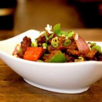 Shatrak · Tibetan sauté of beef - garlic, ginger, onion, bok choy, and bell peppers.