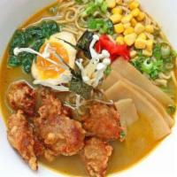 Curry Ramen · Curry infused pork broth served with Kara-age (Japanese Fried Chicken)