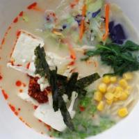 Veggie Ramen · Miso Veggie broth with tofu, spinach, corn  & mushroom