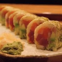 Tiger Roll · Tuna, salmon, yellowtail, avocado, cucumber and fish roe wrapped with white seaweed.