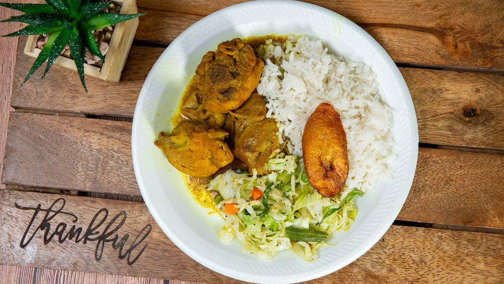Curry Chicken · Served with, white rice, or rice & peas, steamed vegetable & sweet plantain.