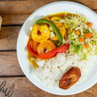 Lunch Curry Shrimp · Served with white rice & peas, or white rice, vegetable, & plantain.