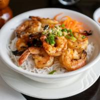 Shrimp Vermicelli · Bun Tom Nuong - Vermicelli noodles, bean sprouts, lettuce, cucumber, daikon, peanuts, chili ...