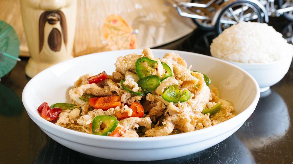 Salt/Pepper Chicken · Ga Rang Muoi - Tossed in stir-fried bell peppers, onions, garlic, chili, spicy salt & pepper (spicy).