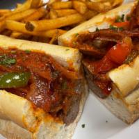 Italian Sausages Parmigiana Sandwich Platter · Italian sausages with green and red Peppers , onions and marinara sauce served with French f...