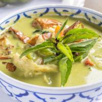Green Curry* · Green curry with coconut milk, bamboo shoots, carrots, green beans, basil leaves, and bell p...