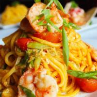 Stir Fried Shrimp Noodles · Spicy. 6 Stir Fried Pieces of Shrimp accompanied with Scallions and Tomato slices over SPICY...