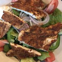 Blackened Chicken Salad · Romaine lettuce, grilled blackened chicken, tomatoes, kalamata olives, green peppers, onions...