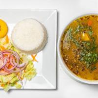 Sancocho De Res · Beef vegetable soup. Served with rice and salad.