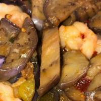 Sautéed Chinese Eggplant With Shrimp In Spicy Garlic Sauce / 魚香茄子蝦 · 