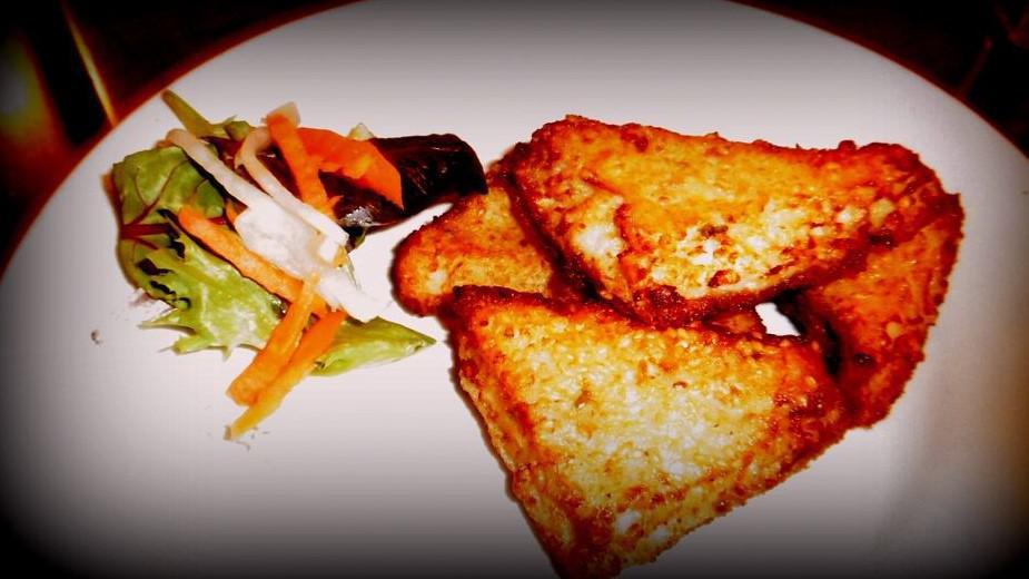 Shrimp Toast / 蝦吐司 · Minced shrimp, ginger, and golden triangle toast. / 蝦茸, 薑及黃金三角吐司。.