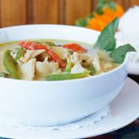Thai Curry (Choose · With coconut milk, bamboo shoots, green bean, bell peppers and fresh basil. Served with stea...