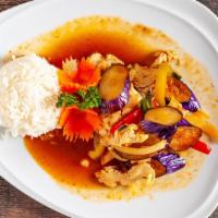 Thai Eggplant · Mild. Thai sweet eggplant sauteed until brown and braised with chicken, onion, bell pepper, ...