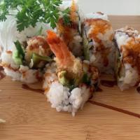 Crazy Maki · Shrimp tempura, avocado, cucumber, fish egg with eel sauce.